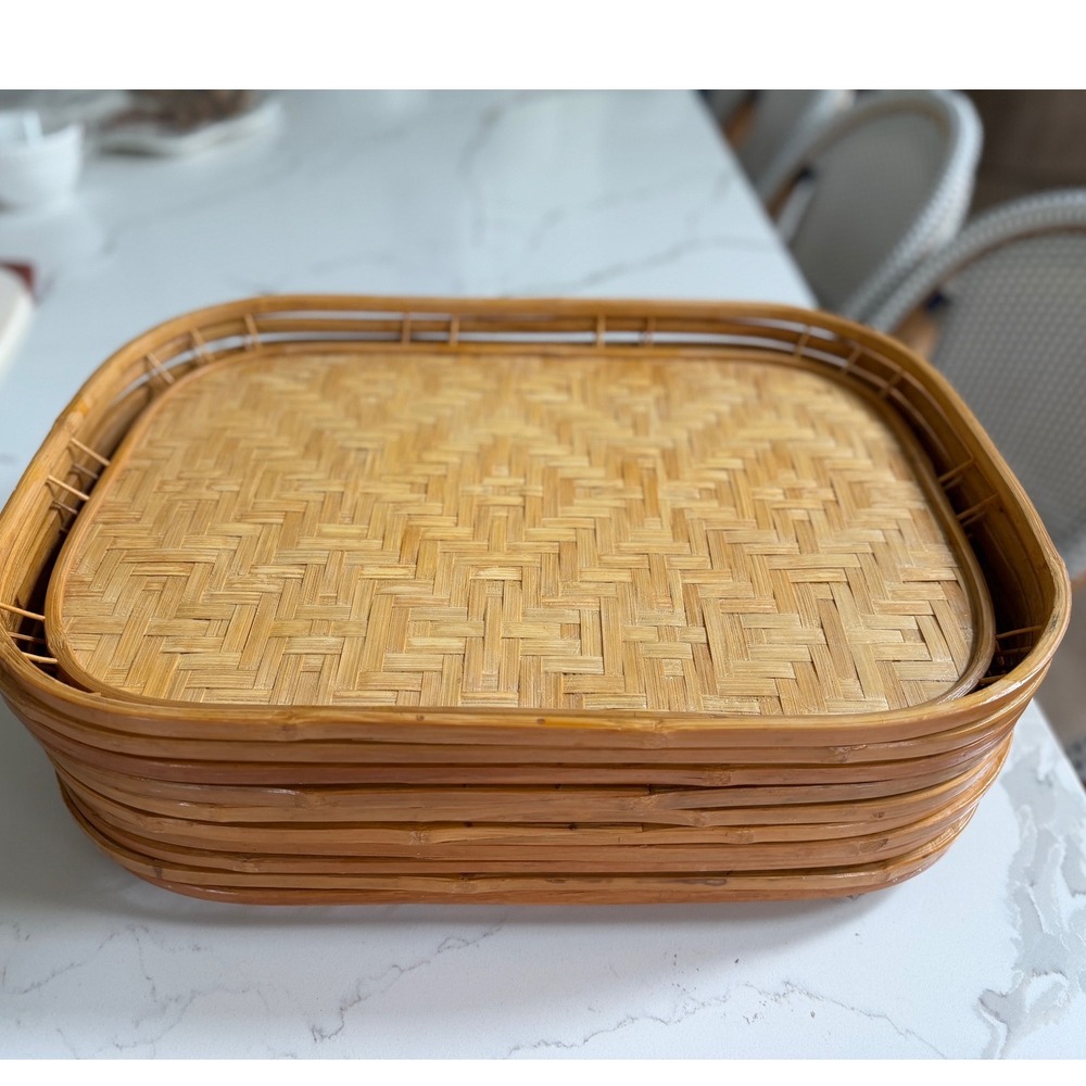 Set 10 Woven Bamboo Trays Natural Geometric Diamond Pattern Boho Serving Decor - Picture 3 of 10